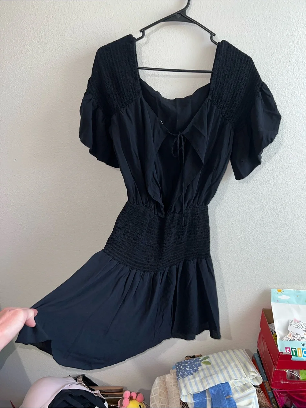 Free People Navy Blue Smocked-Waist Puff Sleeve Mini Dress